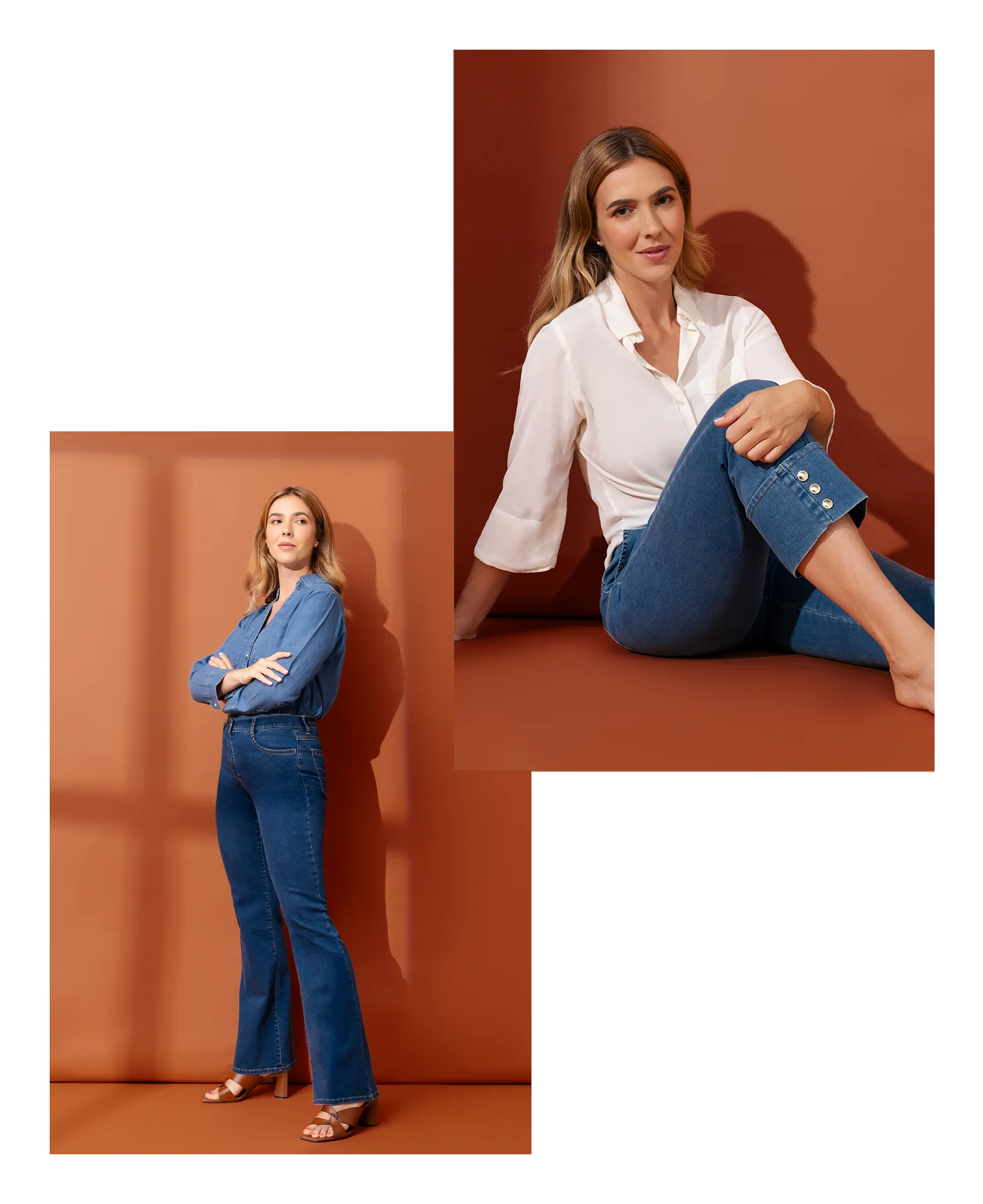 Outfit donna East Drive in denim con camicia e jeans, modella in posa su sfondo arancione