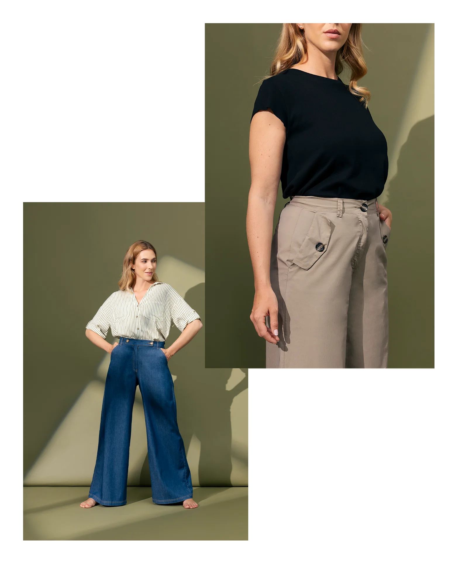 Outfit donna East Drive con jeans a gamba larga e pantaloni beige, dettaglio vestibilità