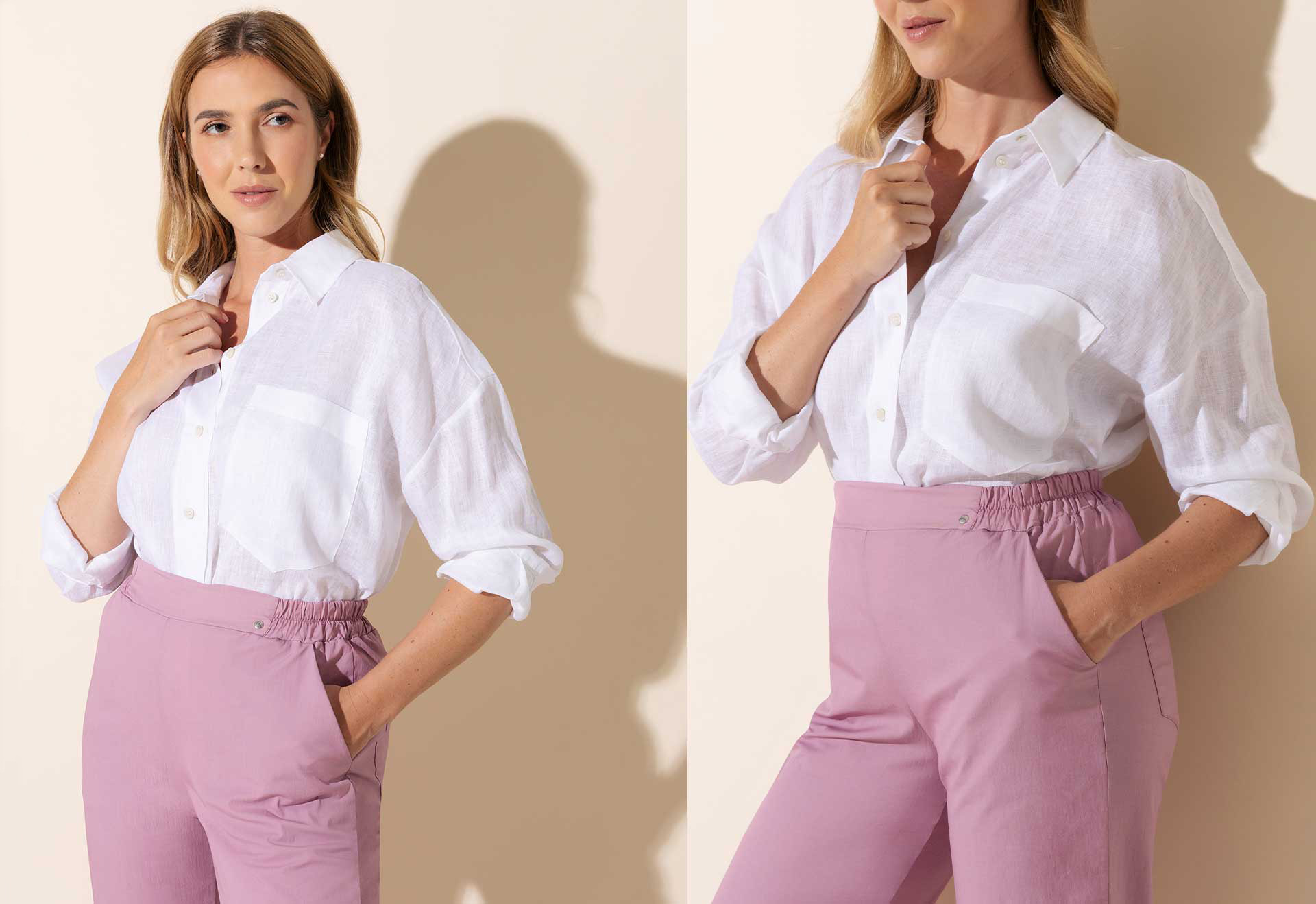 Outfit donna East Drive con camicia bianca e pantaloni rosa