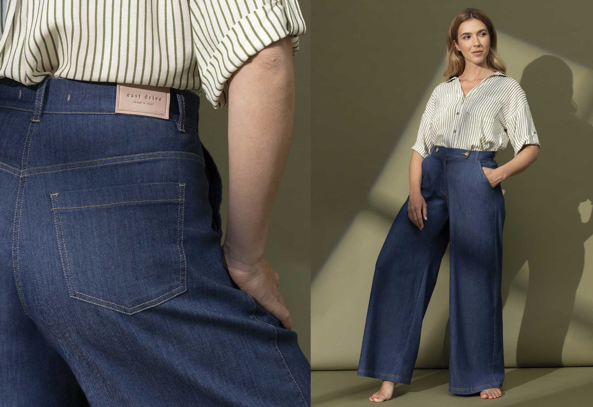 Jeans donna East Drive a gamba larga con camicia a righe