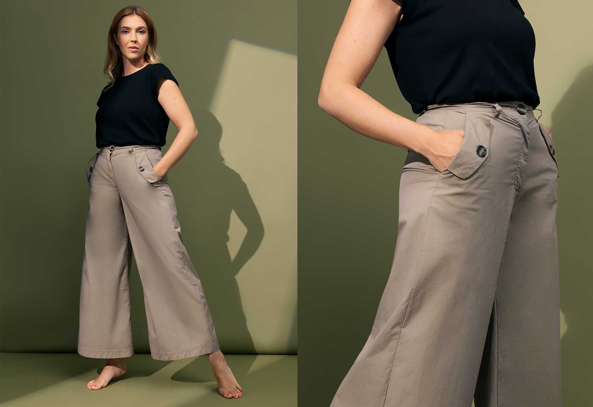 Outfit donna East Drive con pantaloni beige e top nero